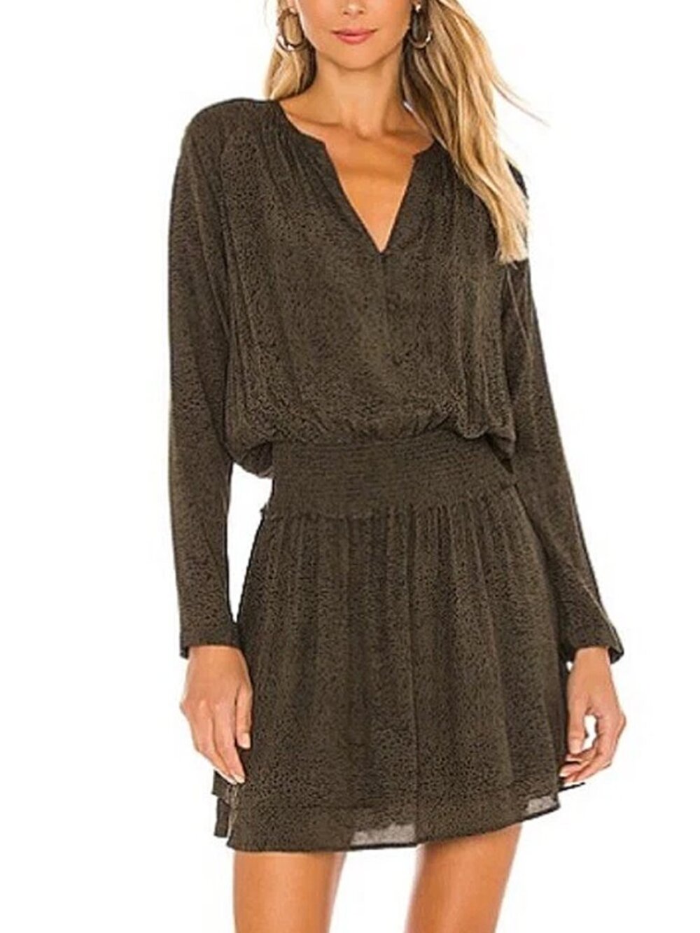 Rails Jasmine Olive Speckled Long Sleeve Smocked Dress Size S